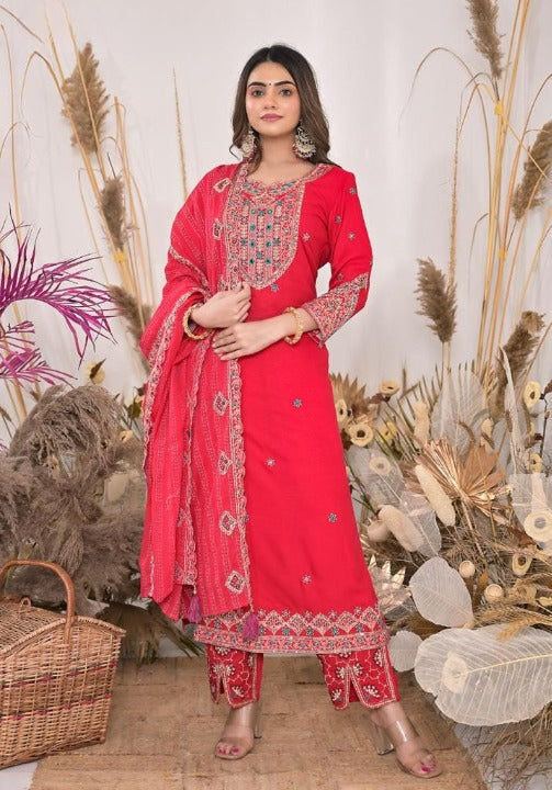 Red Rayon Embroidered Kurti Pant Set With Mulmul Dupatta