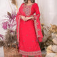 Red Rayon Embroidered Kurti Pant Set With Mulmul Dupatta