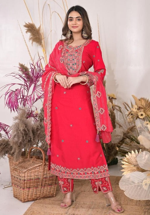 Red Rayon Embroidered Kurti Pant Set With Mulmul Dupatta