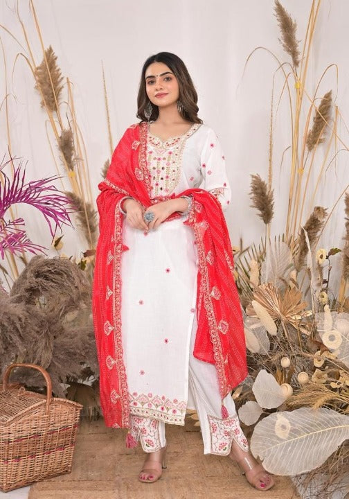 White Rayon Embroidered Kurti Pant Set With Mulmul Dupatta