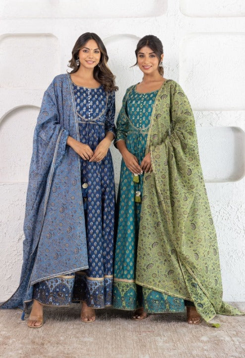 Teal Angrakha Patterned Silk Anarkali Kurti With Kota Doriya Dupatta