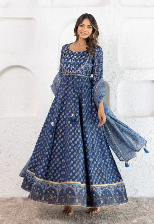 Blue Angrakha Patterned Silk Anarkali Kurti With Kota Doriya Dupatta