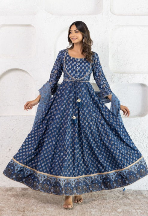 Blue Angrakha Patterned Silk Anarkali Kurti With Kota Doriya Dupatta