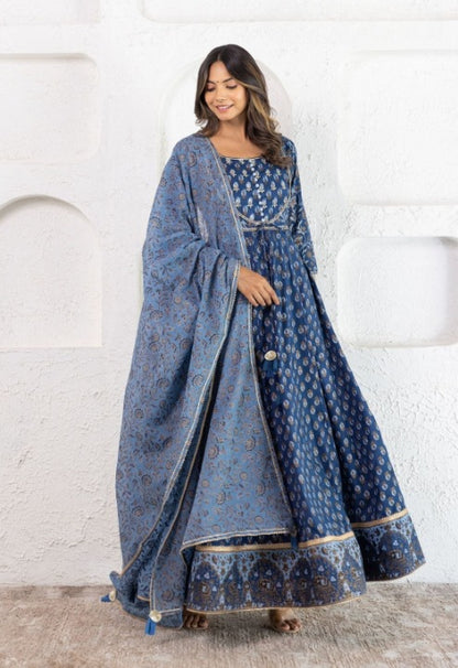 Blue Angrakha Patterned Silk Anarkali Kurti With Kota Doriya Dupatta