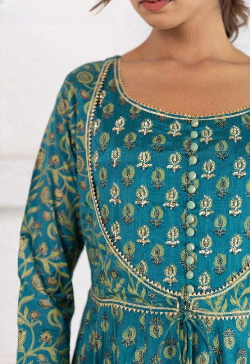 Teal Angrakha Patterned Silk Anarkali Kurti With Kota Doriya Dupatta