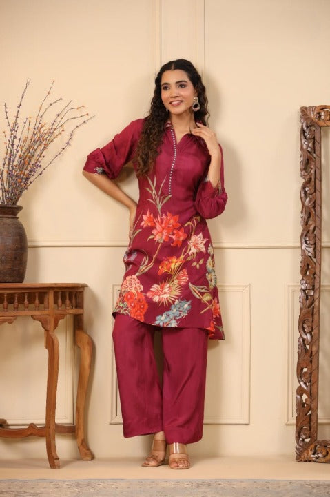 Maroon Digital Floral Print Muslin Two Piece Co-ord Set 