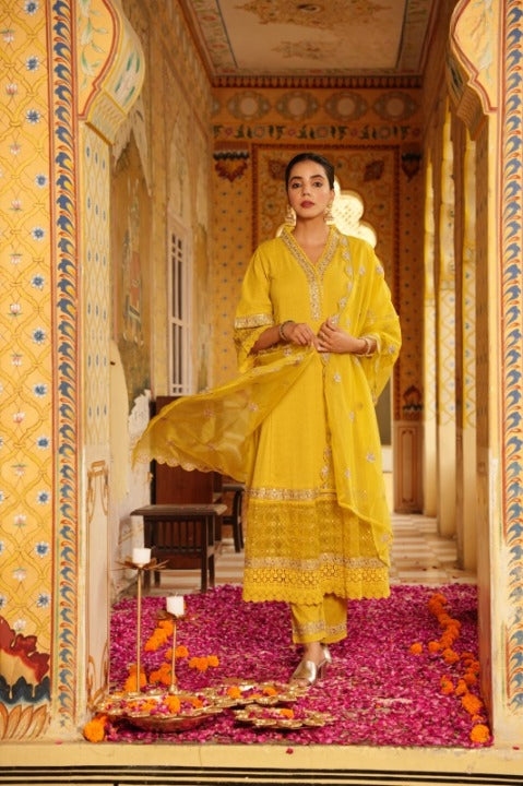 Yellow Three Piece Long Rayon Full Flair Anarkali Kurti Set