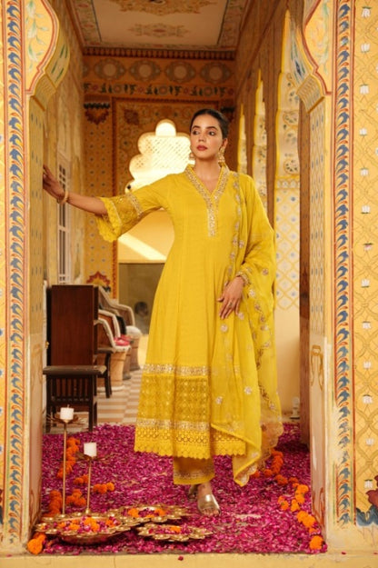 Yellow Three Piece Long Rayon Full Flair Anarkali Kurti Set