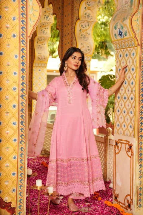 Pink Three Piece Long Rayon Full Flair Anarkali Kurti Set