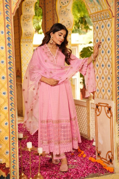 Pink Three Piece Long Rayon Full Flair Anarkali Kurti Set