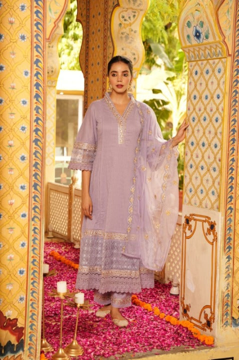 Lavender Three Piece Long Rayon Full Flair Anarkali Kurti Set