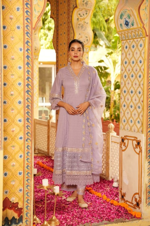 Lavender Three Piece Long Rayon Full Flair Anarkali Kurti Set