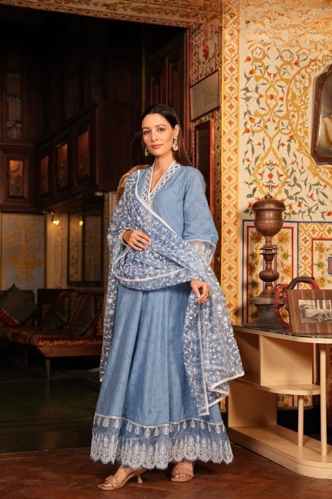 Stone Blue Cotton Schiffili Embroidered Anarkali Kurti-Pant Set With Organza Dupatta