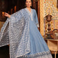 Stone Blue Cotton Schiffili Embroidered Anarkali Kurti-Pant Set With Organza Dupatta