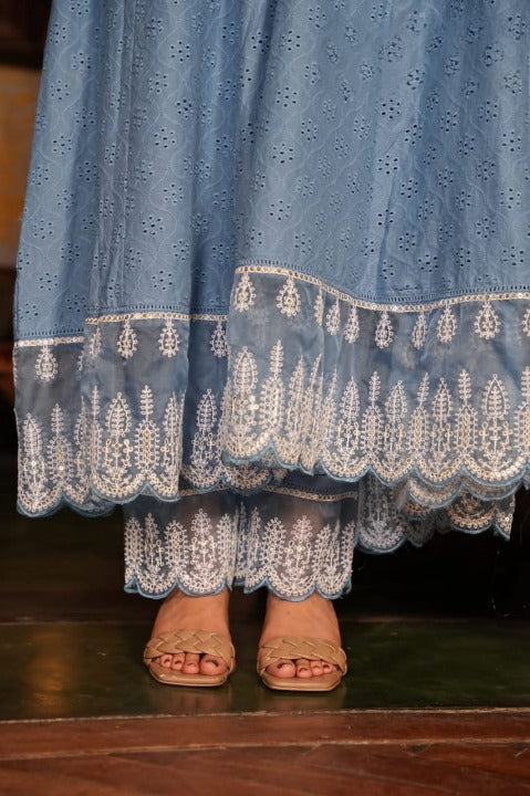 Stone Blue Cotton Schiffili Embroidered Anarkali Kurti-Pant Set With Organza Dupatta