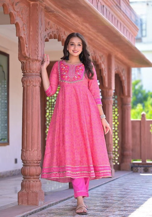 Bright Pink Three Piece Anarkali Kurti Set With Organza Dupatta