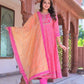 Bright Pink Three Piece Anarkali Kurti Set With Organza Dupatta