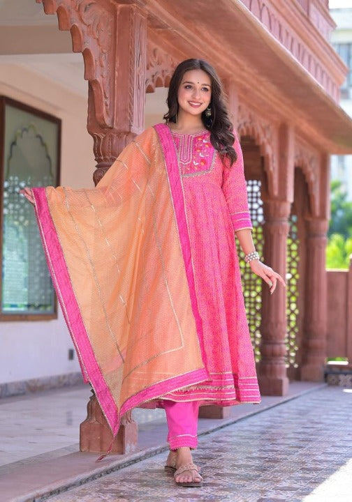 Bright Pink Three Piece Anarkali Kurti Set With Organza Dupatta