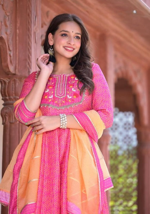 Bright Pink Three Piece Anarkali Kurti Set With Organza Dupatta