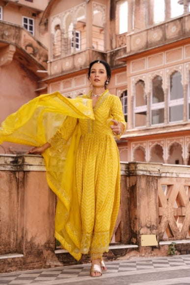 Yellow Digital Print Muslin Anarkali Suit Set With Organza Dupatta