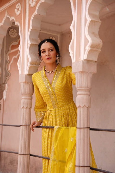 Yellow Digital Print Muslin Anarkali Suit Set With Organza Dupatta