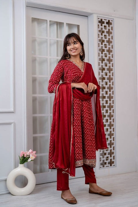 Berry Red Digital Designer Print Chinnon Three Piece Anarkali Kurti Set