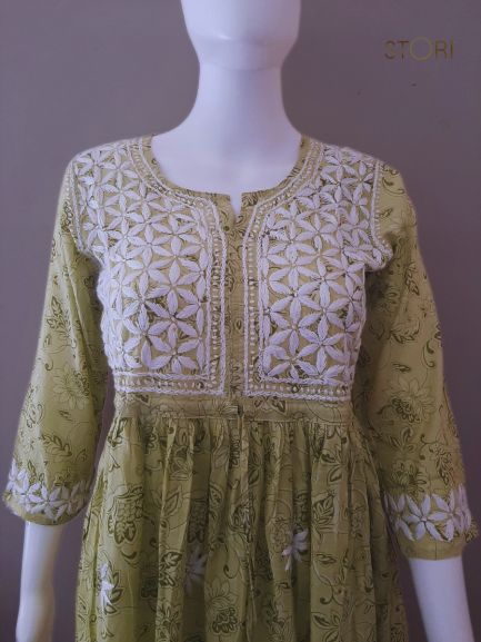 Olive Green Printed Cotton Mulmul Chikankari Short Kurti With Dori