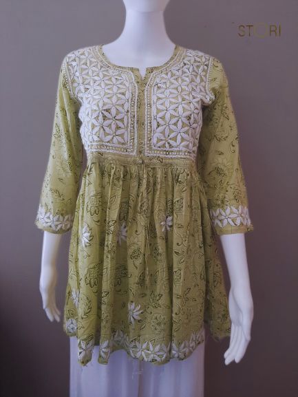 Olive Green Printed Cotton Mulmul Chikankari Short Kurti With Dori