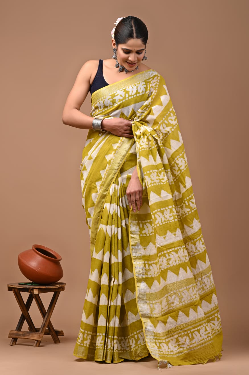 Shop Olive Green Linen Saree Online-STORI