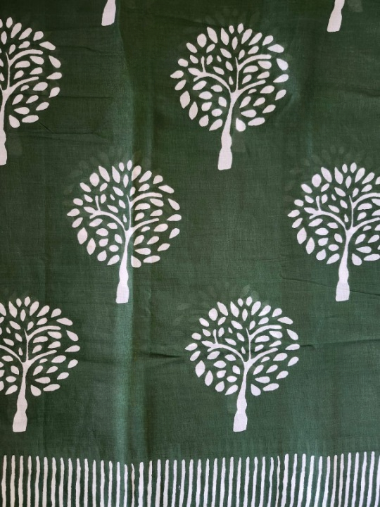 Buddha Tree Olive Green Cotton Mulmul Saree