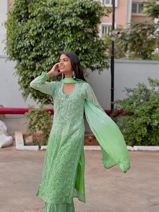 Pista Green Ombre Georgette Chikankari Kurti Palazzo Dupatta Set With Mirror Work