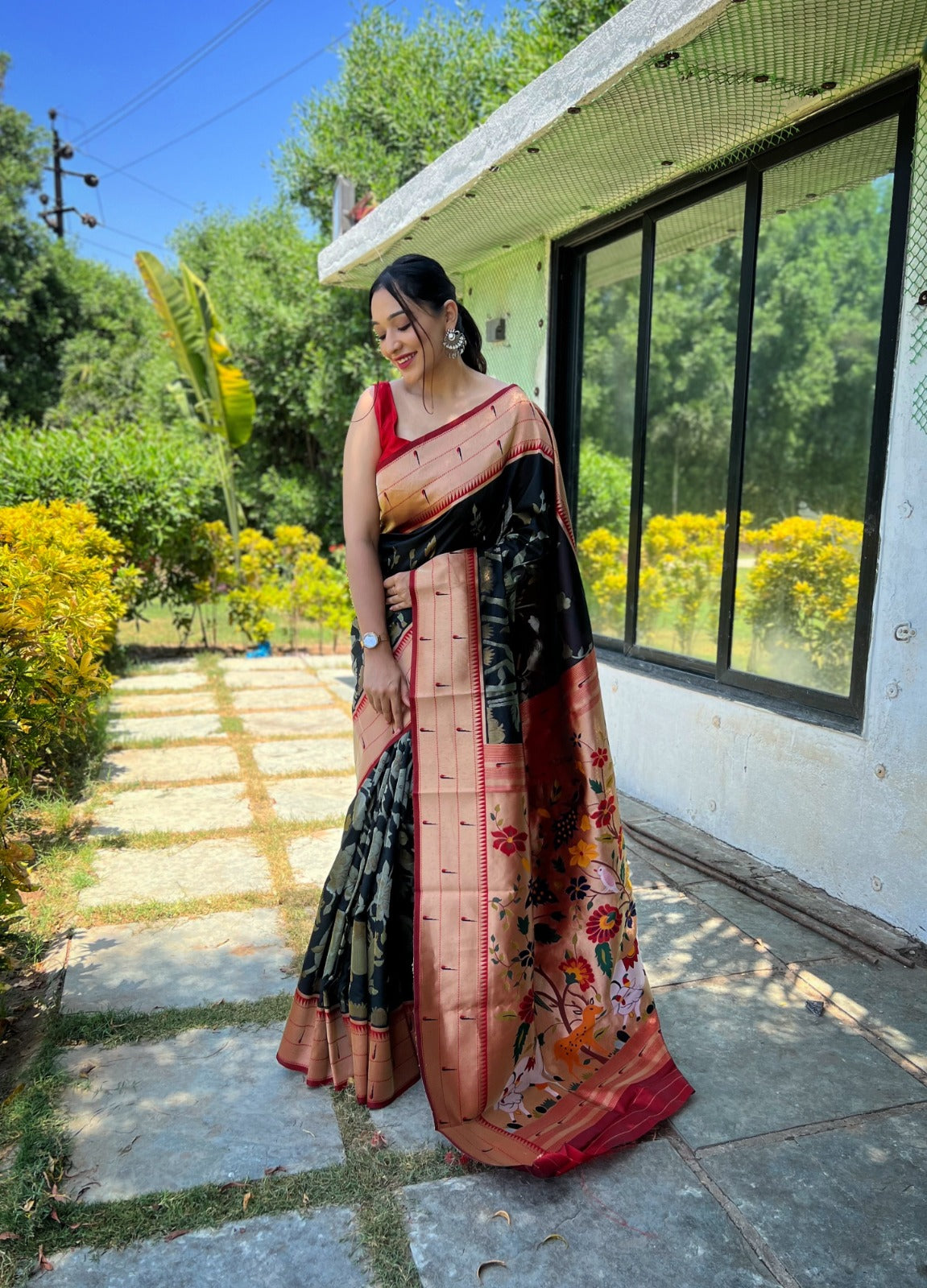 Bright Green Paithani Silk Saree With Allover Zari Woven Motifs