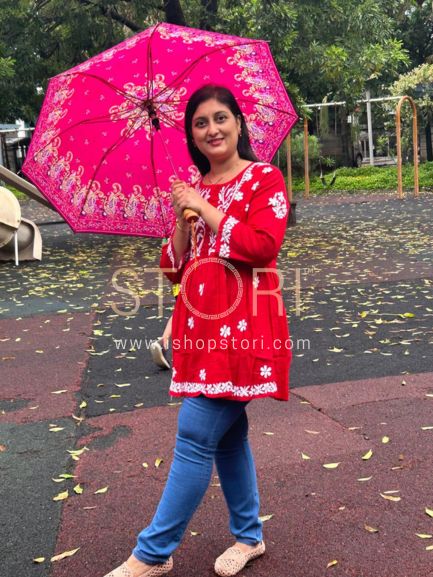 Bright Red Flared Cotton Short Chikankari Kurti