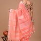 Salmon Pink Linen Saree With Extra Ajrakh Printed Blouse