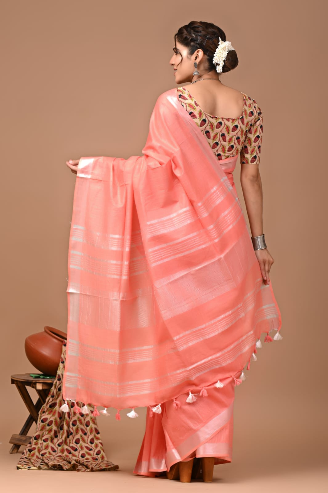 Salmon Pink Linen Saree With Extra Ajrakh Printed Blouse