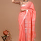 Salmon Pink Linen Saree With Extra Ajrakh Printed Blouse