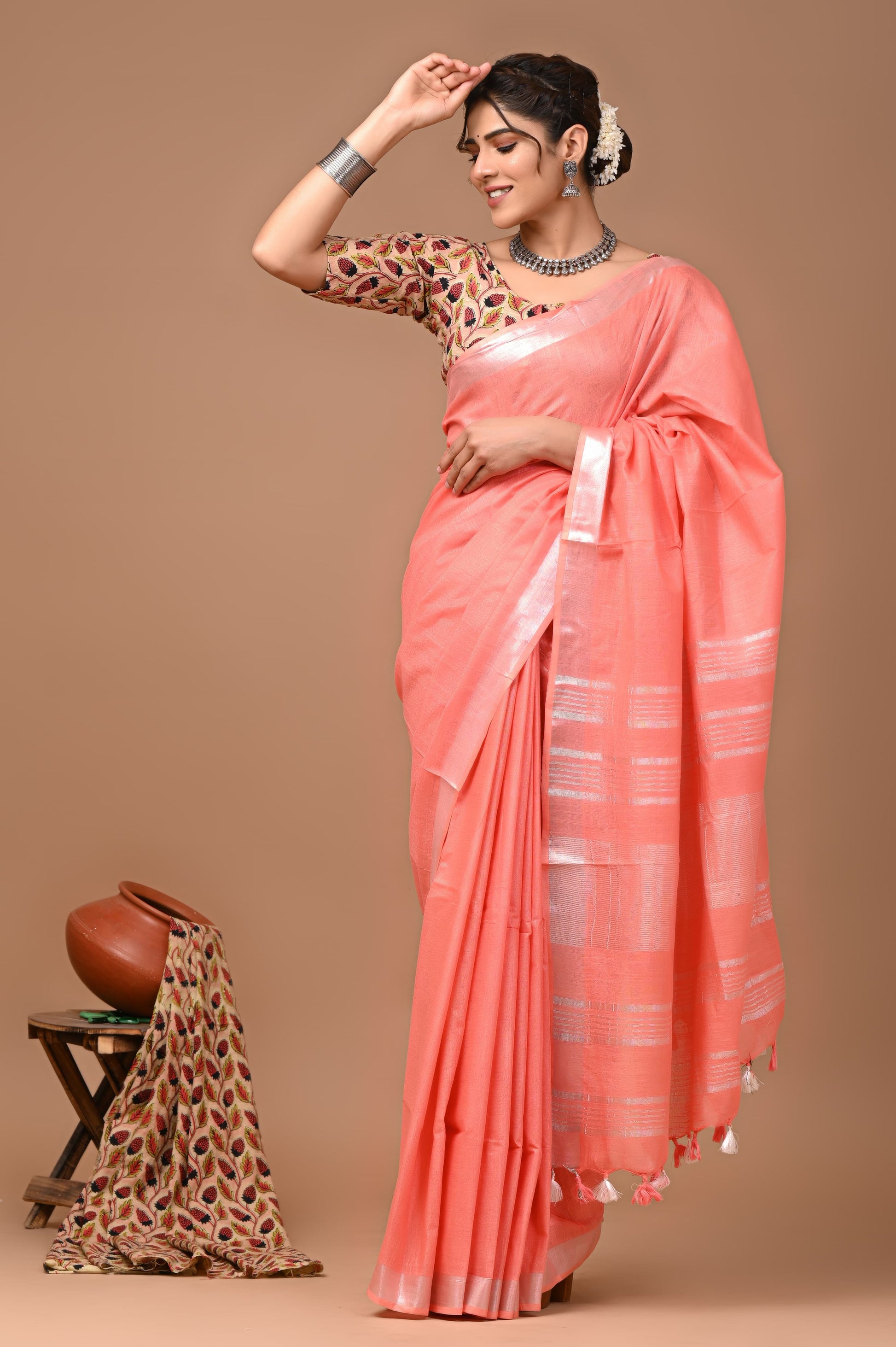 Salmon Pink Linen Saree With Extra Ajrakh Printed Blouse