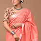 Salmon Pink Linen Saree With Extra Ajrakh Printed Blouse