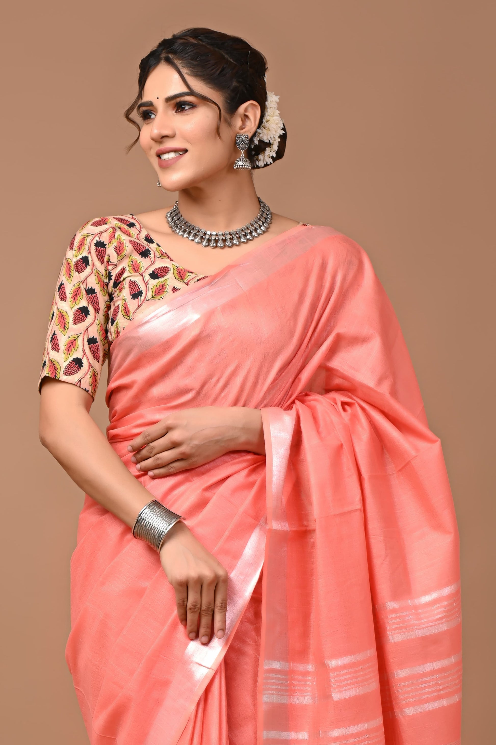 Salmon Pink Linen Saree With Extra Ajrakh Printed Blouse