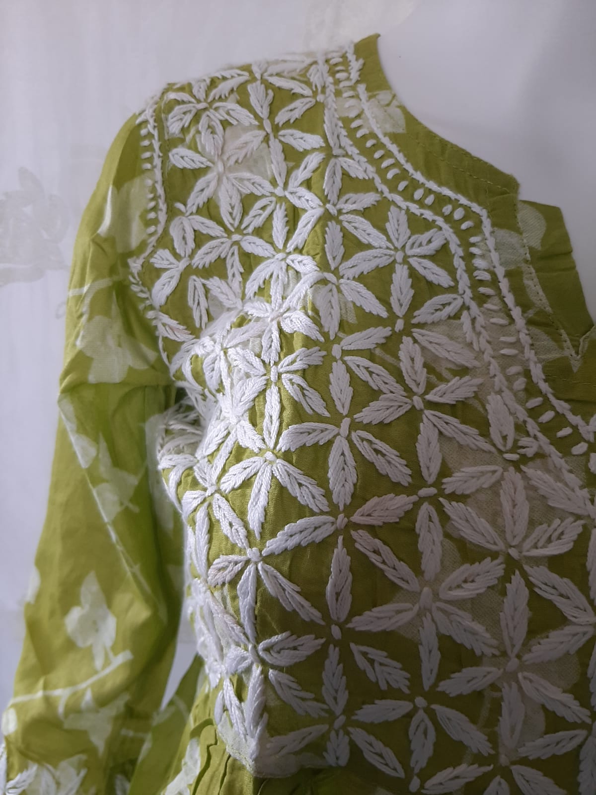 Petals Printed Olive Green Cotton Mulmul Chikankari Short Kurti