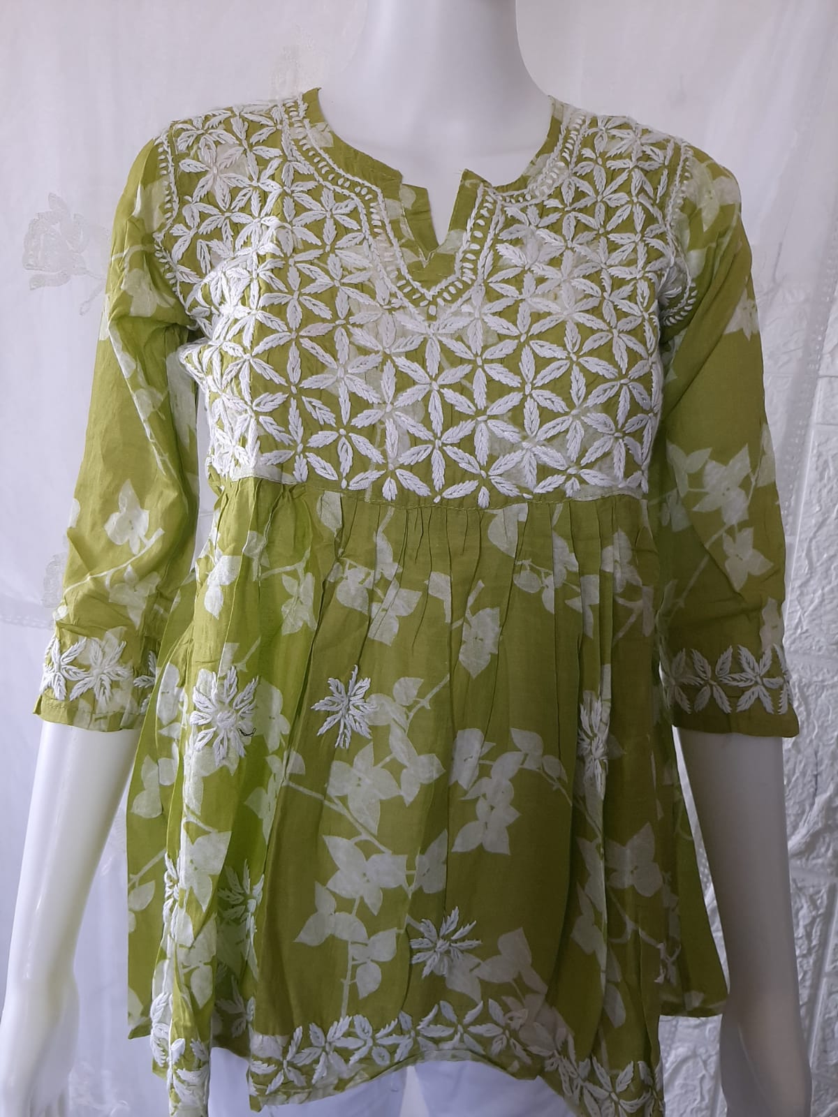 Petals Printed Olive Green Cotton Mulmul Chikankari Short Kurti