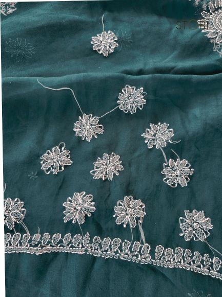 Pine Green Surya Hand Embroidered Lucknowi Chikankari Saree