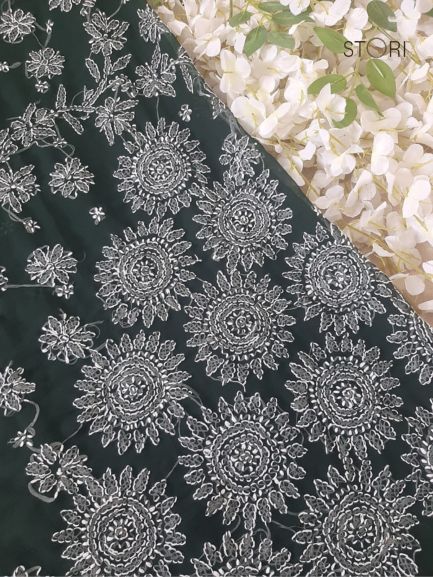 Pine Green Surya Hand Embroidered Lucknowi Chikankari Saree