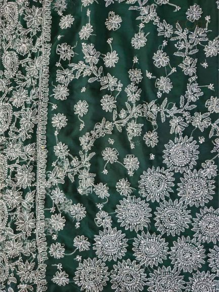 Pine Green Surya Hand Embroidered Lucknowi Chikankari Saree