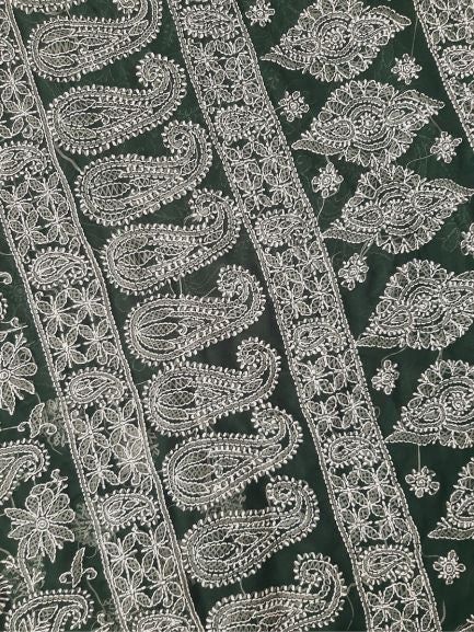 Pine Green Noor Full Jaal Hand Embroidered Lucknowi Chikankari Saree