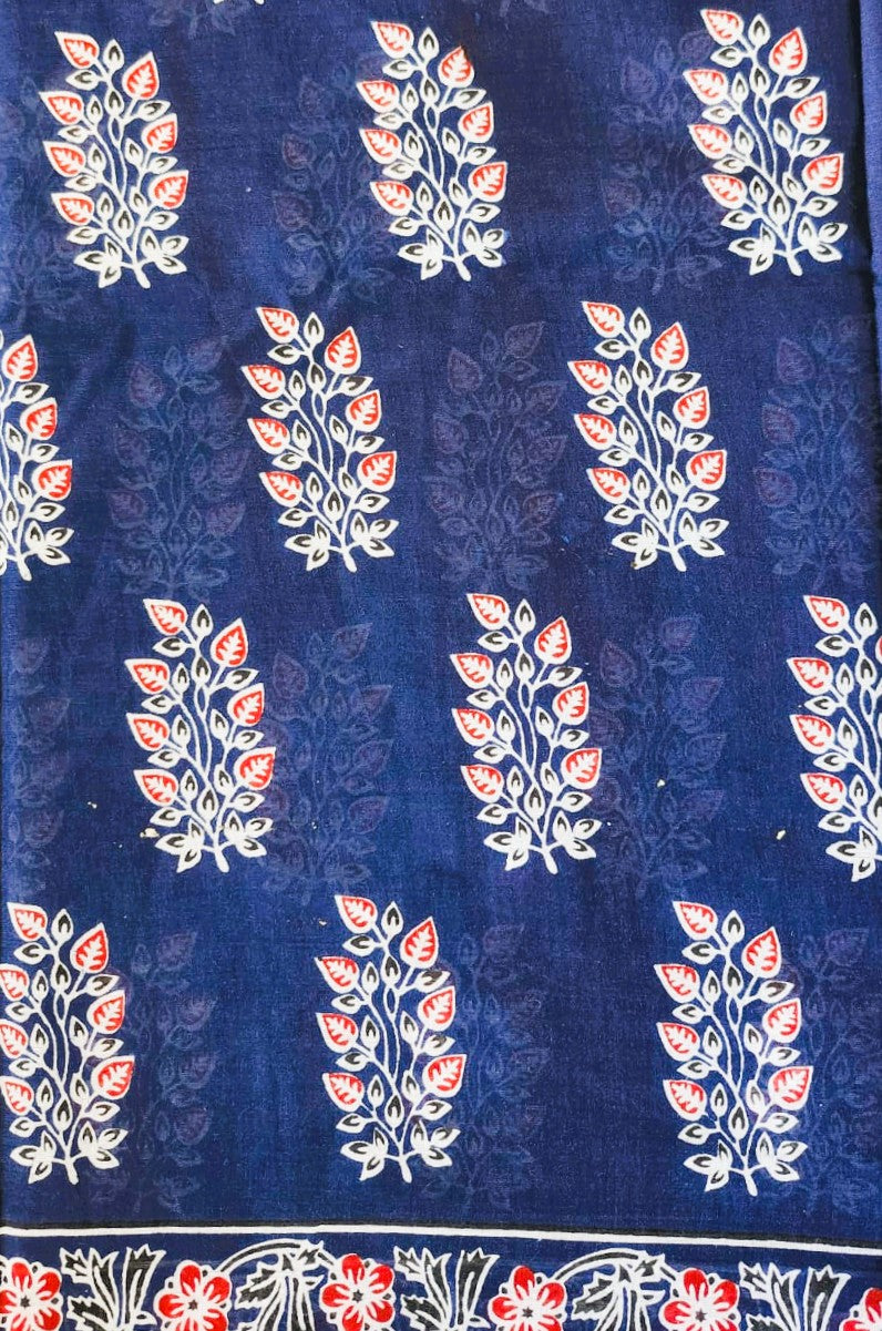 Indigo & Red Handloom Cotton Mulmul Saree