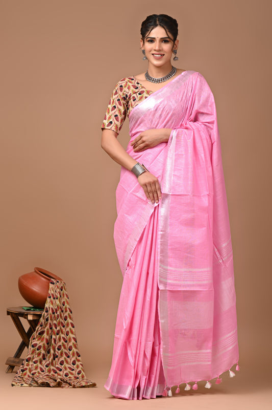 Light Pink Linen Saree With Extra Ajrakh Printed Blouse