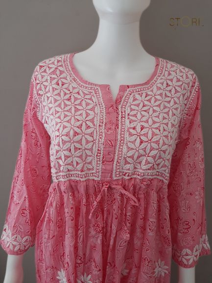 Pink Printed Cotton Mulmul Chikankari Short Kurti with Dori