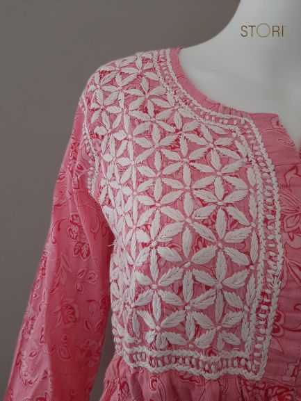 Pink Printed Cotton Mulmul Chikankari Short Kurti with Dori