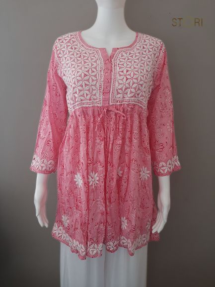 Pink Printed Cotton Mulmul Chikankari Short Kurti with Dori